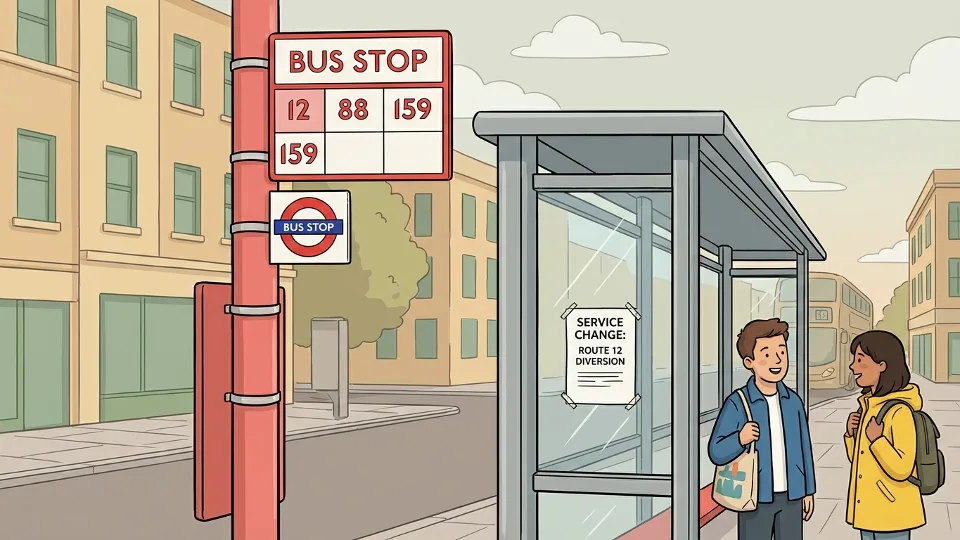Close-up of a TfL bus stop pole with route number signs and temporary service notice posted on the shelter