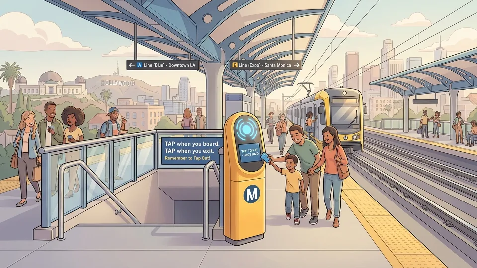 Metro rail platform with TAP card validator and signage reminding passengers to tap out