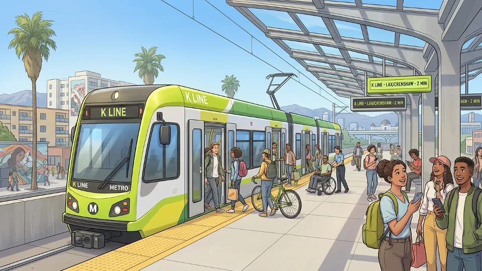 Metro K Line train at station platform with passengers boarding
