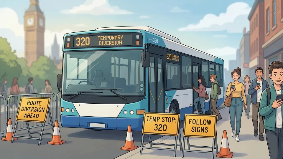 Service 320 bus at temporary stop location with route diversion signage displayed