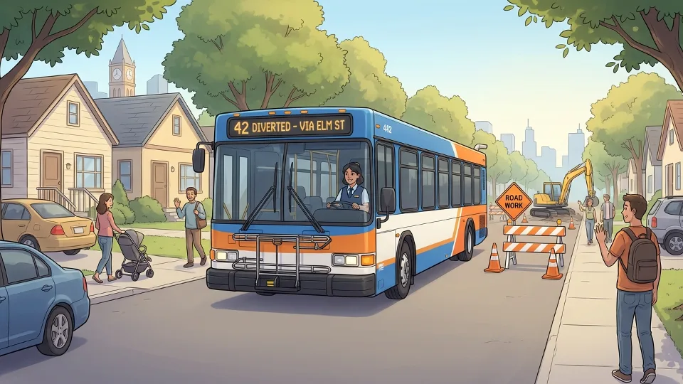 Bus on diverted route traveling through residential street with construction barriers visible in background