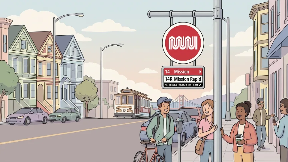 Muni bus stop sign showing route 14 and 14R service information