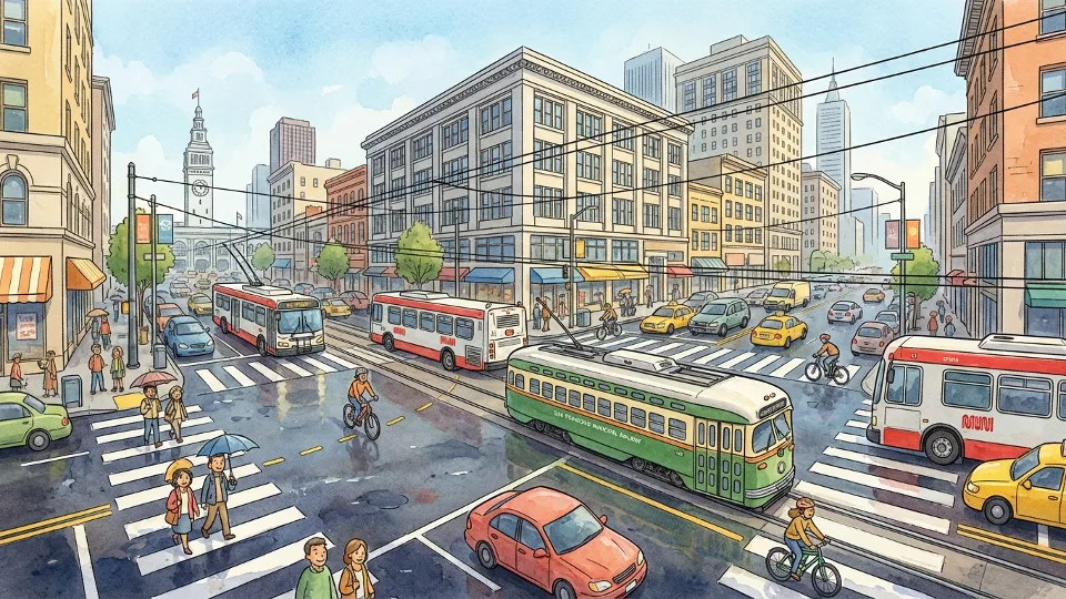 San Francisco downtown street intersection with multiple Muni vehicles and heavy traffic