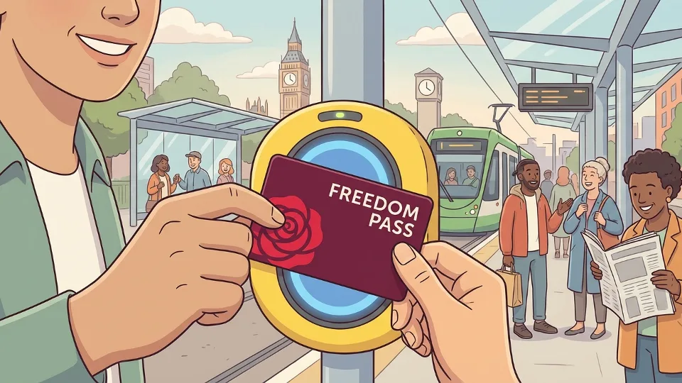 Close-up of Freedom Pass card with red rose symbol at tram fare reader