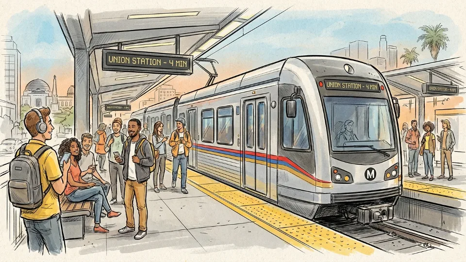 Metro rail train at station platform with passengers waiting