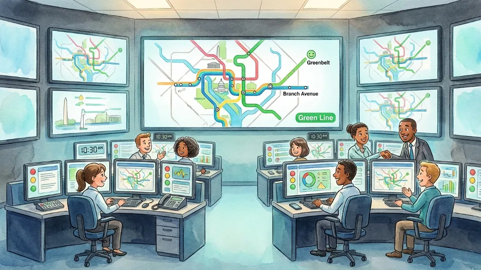 Metro control room with signal monitoring equipment and displays showing Green Line status