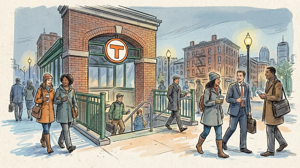 Boston transit station entrance during early morning hours with passengers entering facility