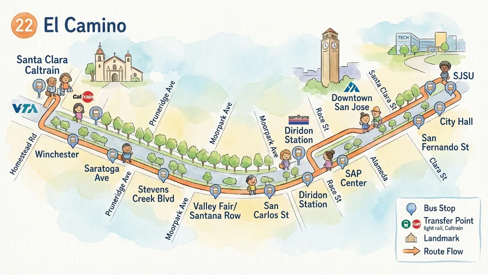 Transit bus route map showing multiple consecutive stops along urban avenue corridor