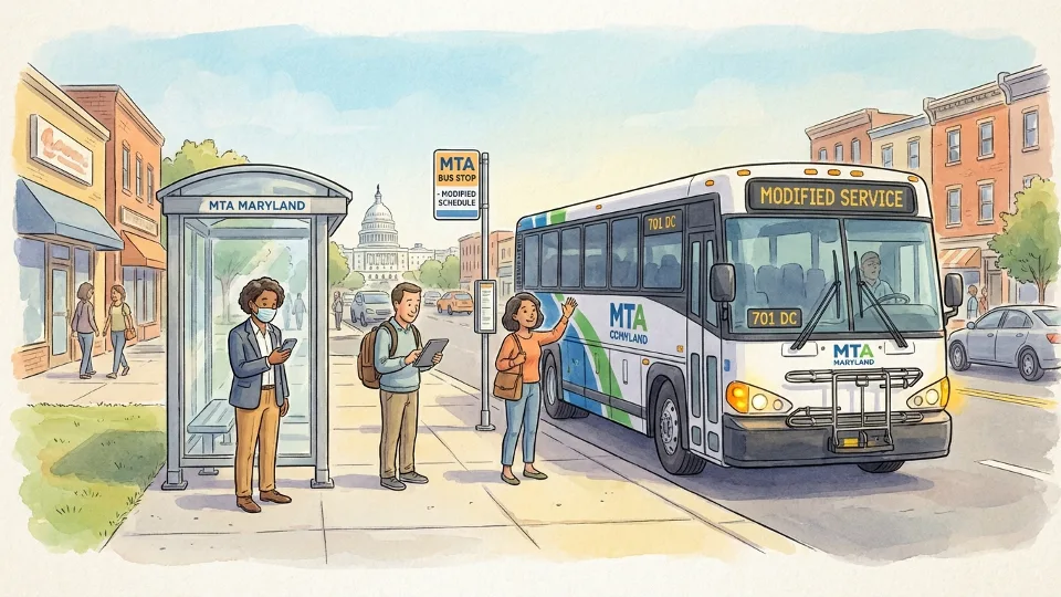 Commuters waiting at bus stop with MTA commuter bus approaching during modified service