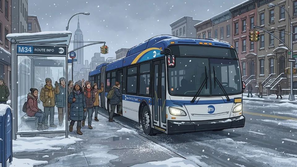 MTA bus at stop during winter weather with passengers boarding carefully