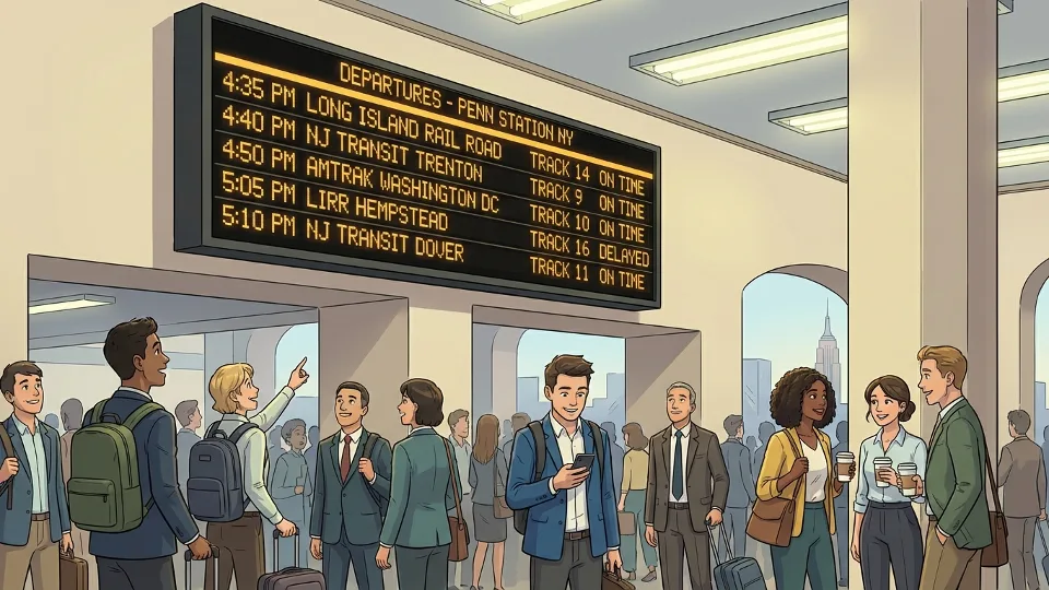 Penn Station New York departure board showing train schedules and track numbers with commuters checking arrival times