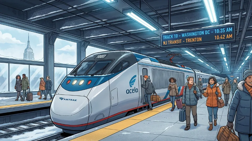Modern Amtrak or NJ Transit train at Penn Station New York platform with passengers boarding during winter conditions
