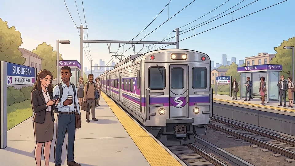 SEPTA regional rail train at suburban Philadelphia station platform with passengers waiting