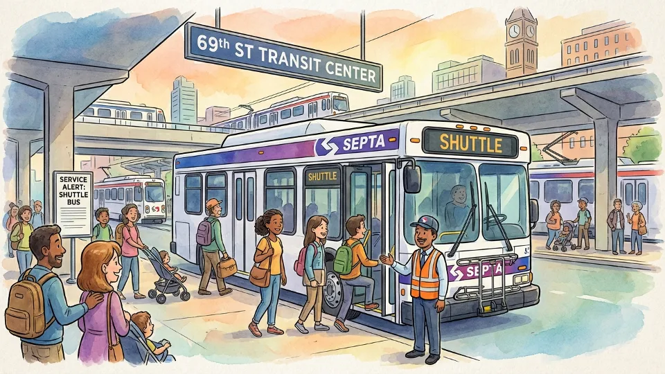 SEPTA shuttle bus at 69th Street Transit Center with passengers boarding during service disruption