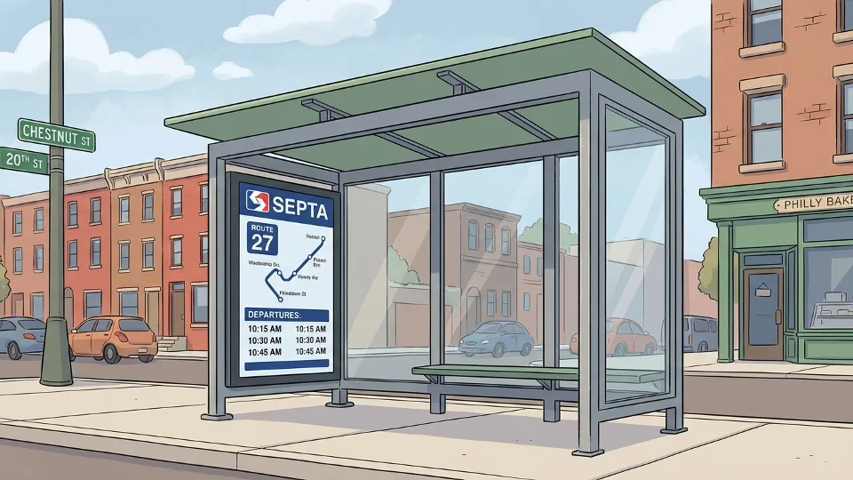 Empty SEPTA bus shelter with route information display showing Route 27 schedule