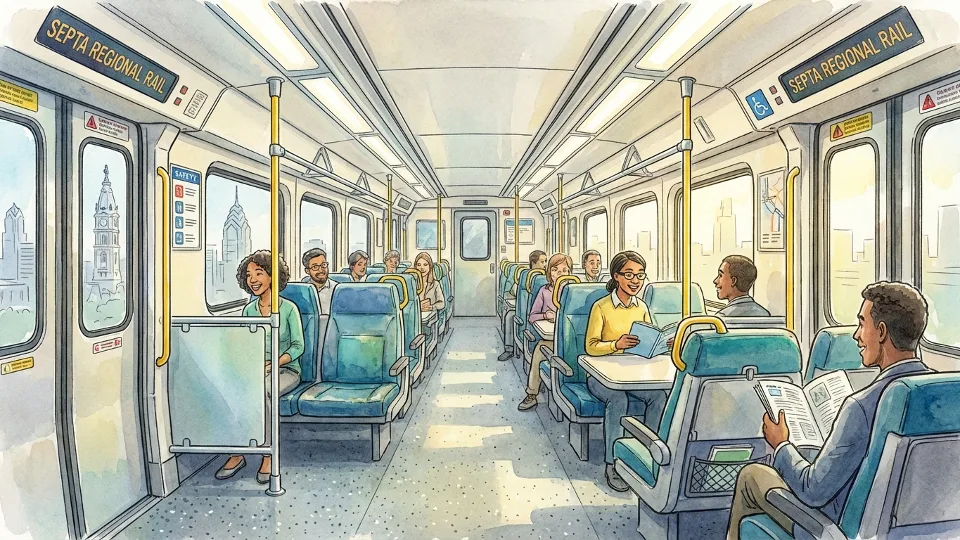 Interior view of SEPTA Regional Rail train car showing empty seats and passenger area