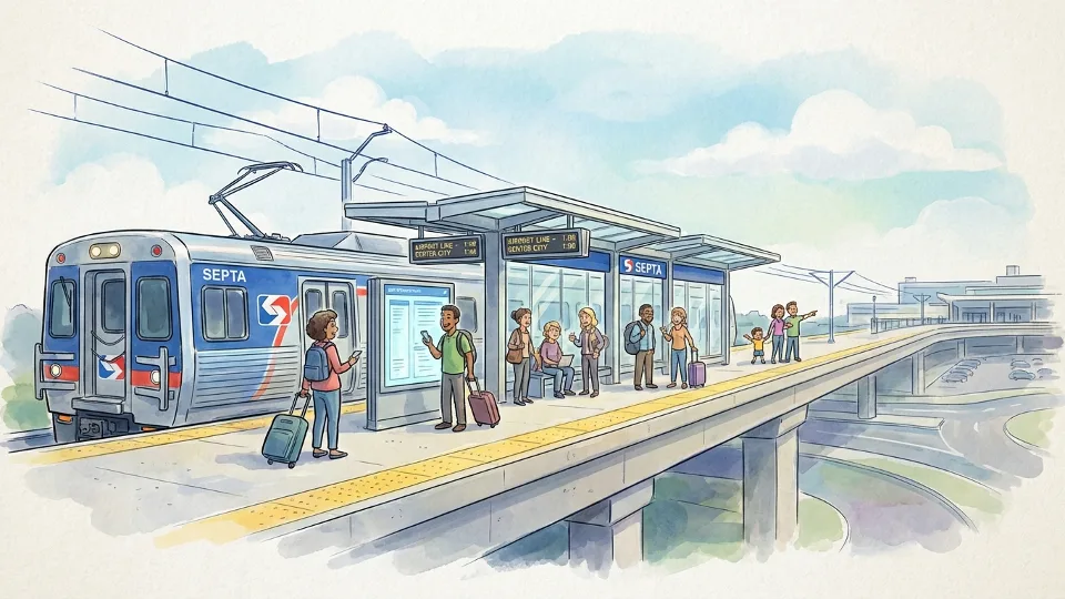 SEPTA Regional Rail train at Philadelphia International Airport station platform with passengers waiting