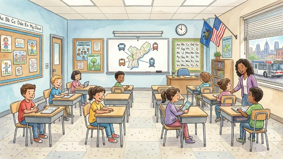 Interior of a Philadelphia school classroom with desks and educational materials