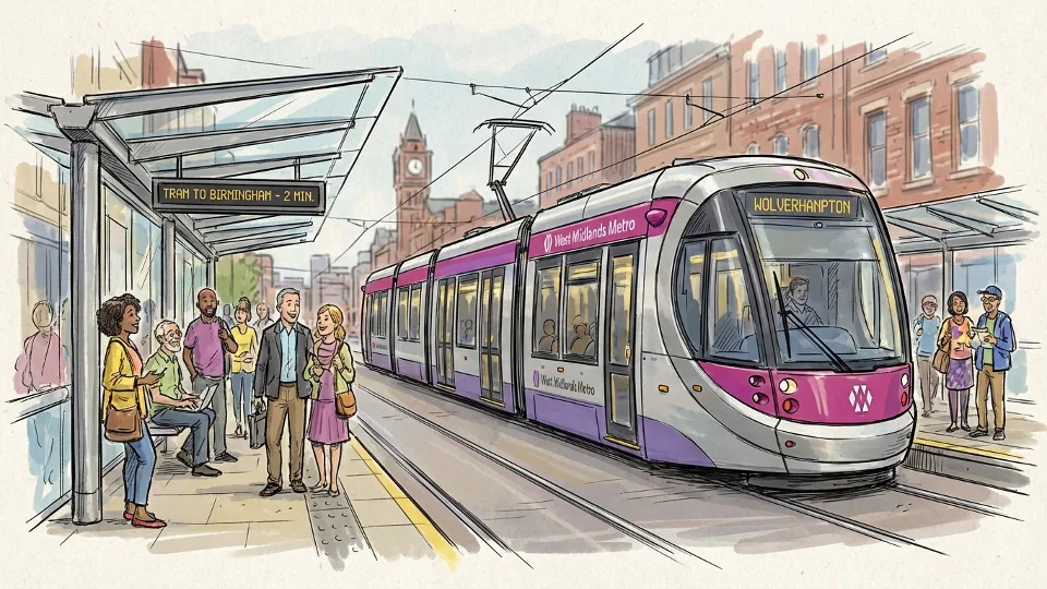 West Midlands tram at station platform with passengers waiting