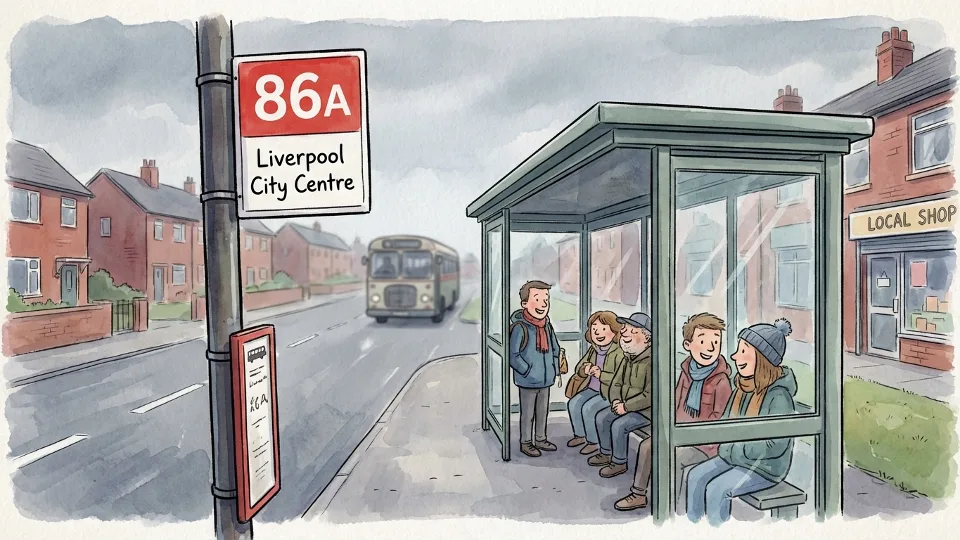 Bus stop sign showing Service 86A route information with passengers waiting at covered shelter on Mather Avenue, North West England, with clear road visible