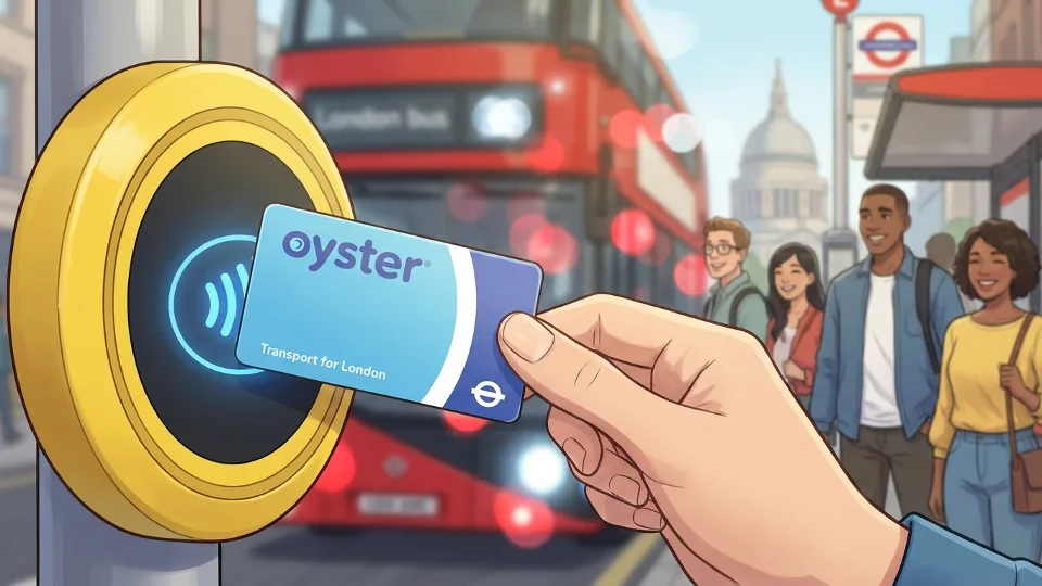 Close-up of Oyster card being held near card reader with London bus in background