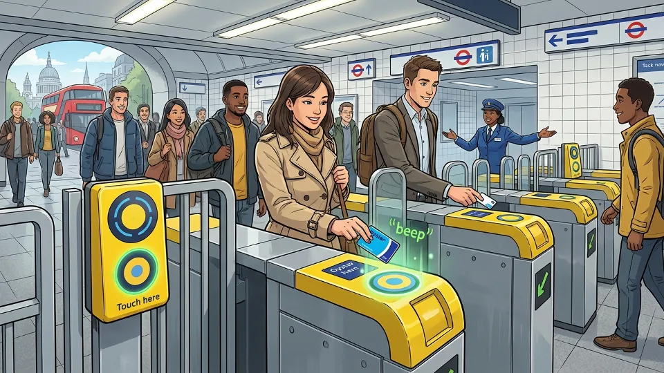 Oyster card reader at London Underground station entrance with passengers tapping cards