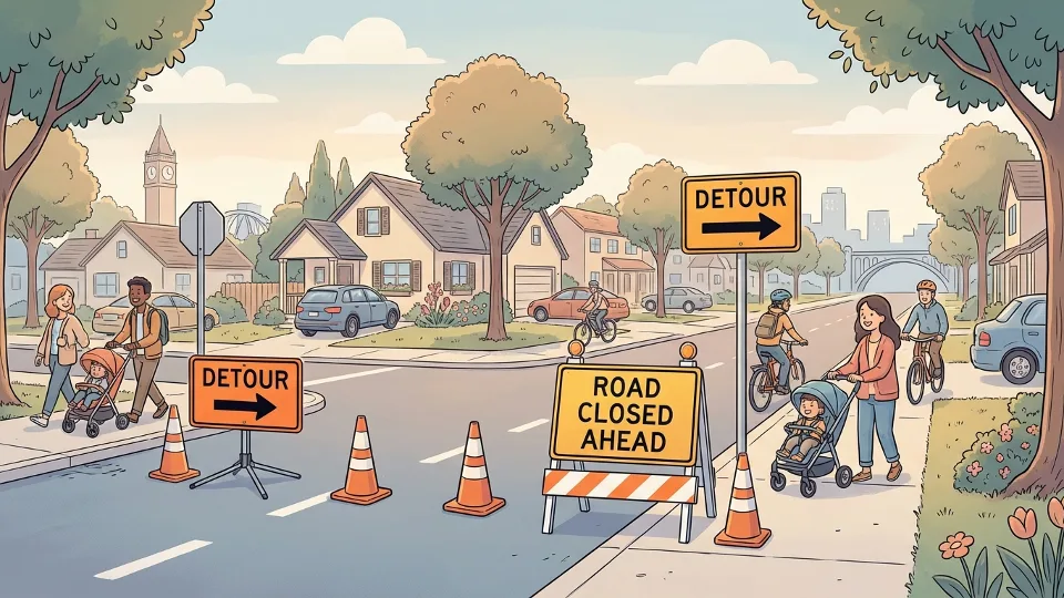 Traffic detour route signs directing vehicles around road closure in residential area