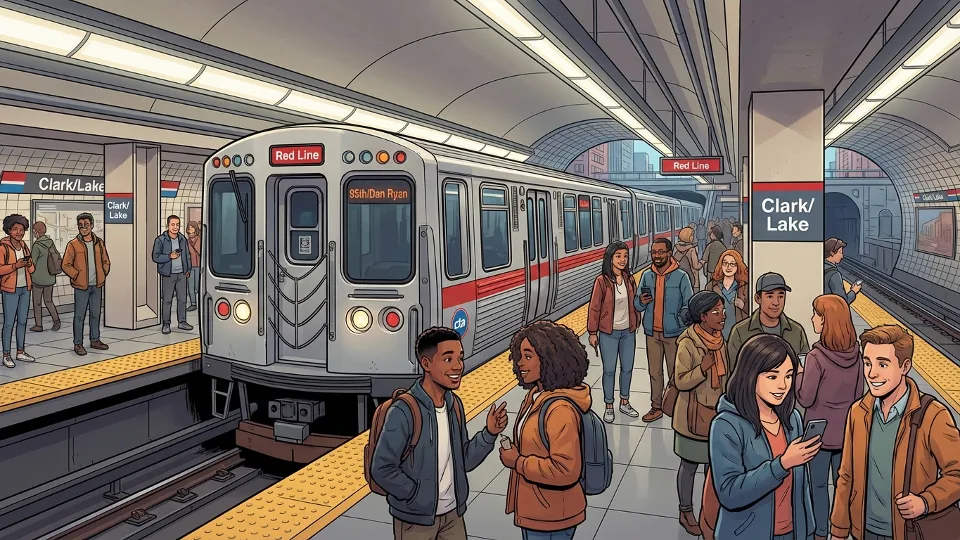 CTA Red Line train at downtown Chicago subway station platform with passengers waiting