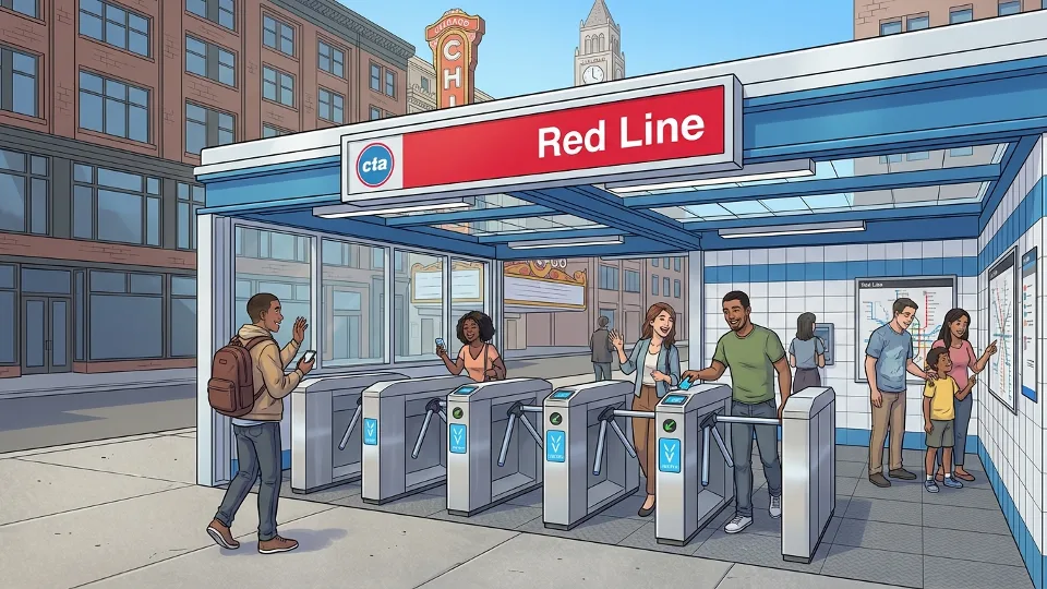 CTA subway station entrance in Chicago with Red Line signage and fare gates