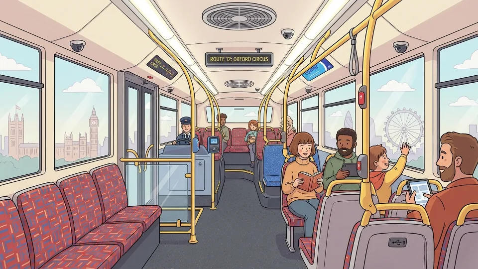 Interior of London bus showing passenger seating area and driver compartment