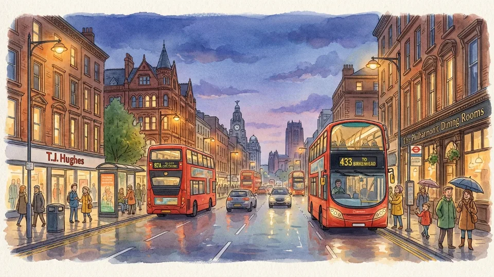 Liverpool city street with bus and traffic during evening hours showing urban transit corridor