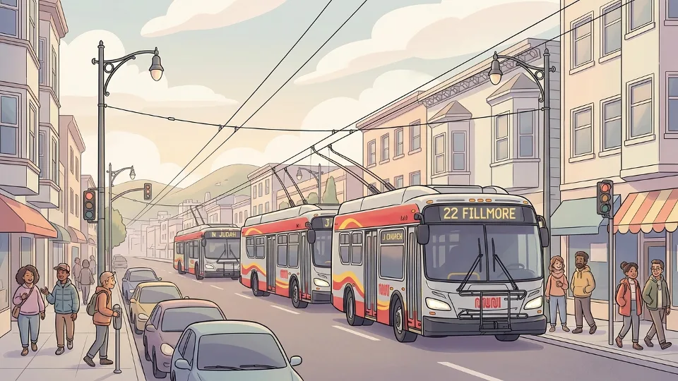 Multiple San Francisco Muni buses queued on city street during service disruption