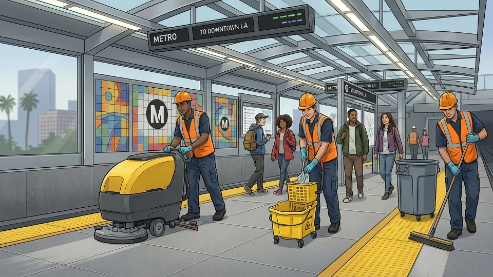 Metro rail station platform with cleaning equipment and maintenance staff