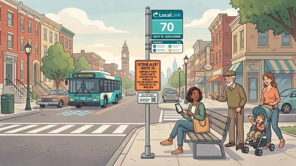Bus stop sign for LocalLink route with detour notice posted, Baltimore street scene