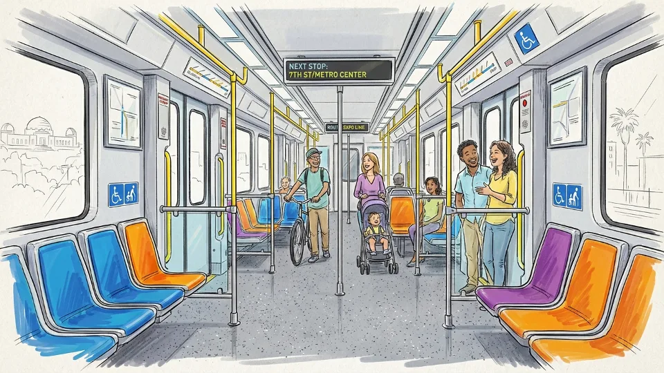 Interior of Metro light rail train showing passenger seating area