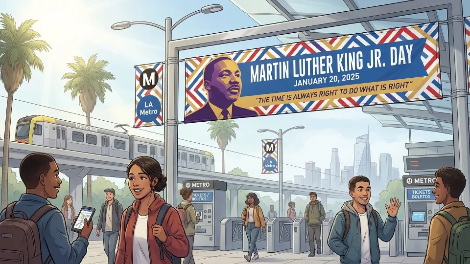 Martin Luther King Jr. Day banner at Los Angeles transit facility