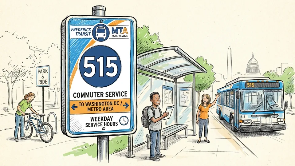Frederick commuter bus route sign showing Route 515 service information