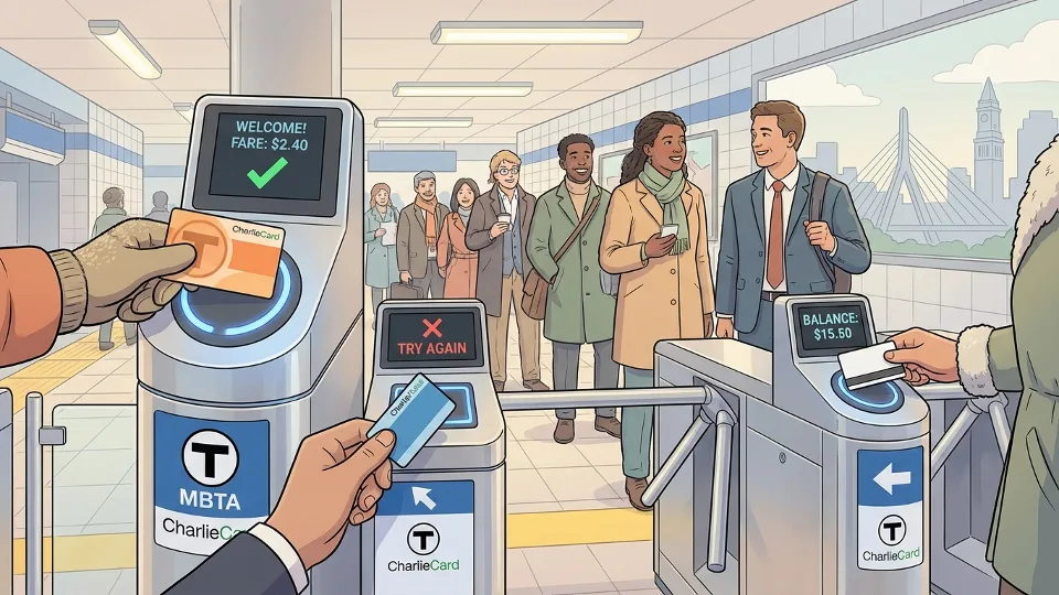 Commuters using ticket tap-and-scan system at MBTA fare gates, showing close-up of fare payment technology at commuter rail station