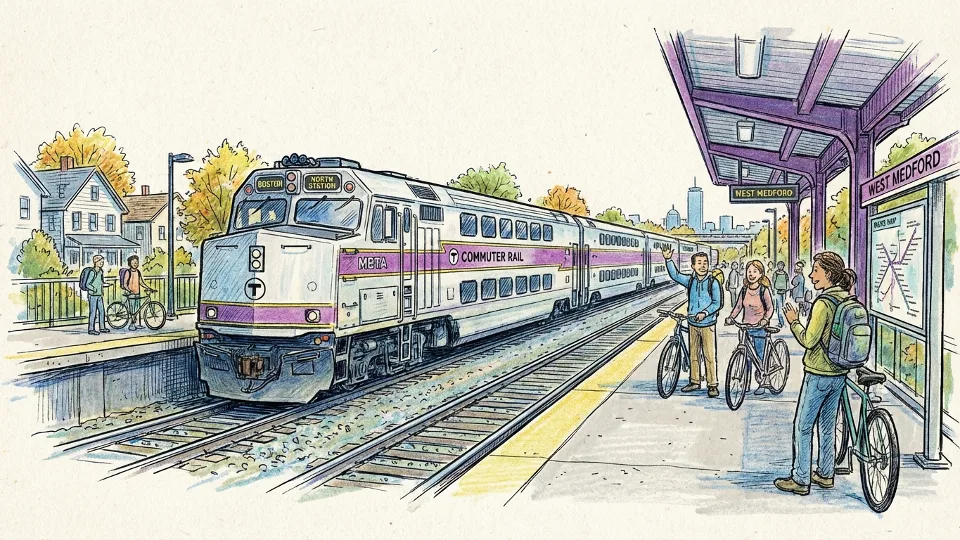 MBTA commuter rail train at suburban station platform