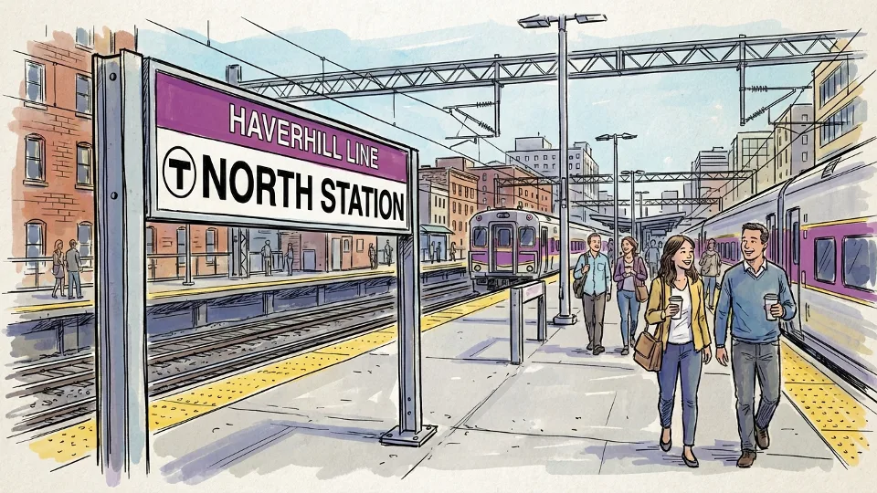 Close-up of MBTA Haverhill Line station sign and platform