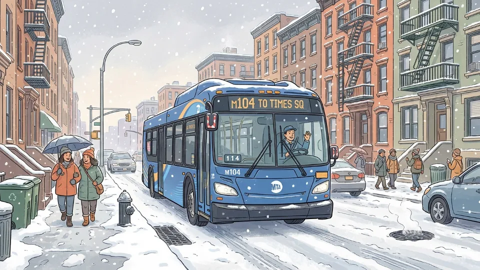 MTA bus driving through snowy New York City street with winter storm conditions