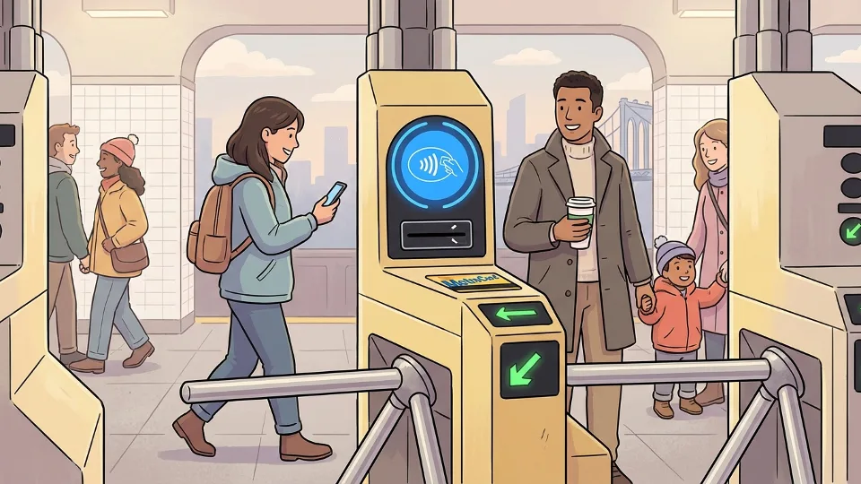 Close-up view of MTA subway fare gate technology showing card reader and turnstile mechanism at New York station