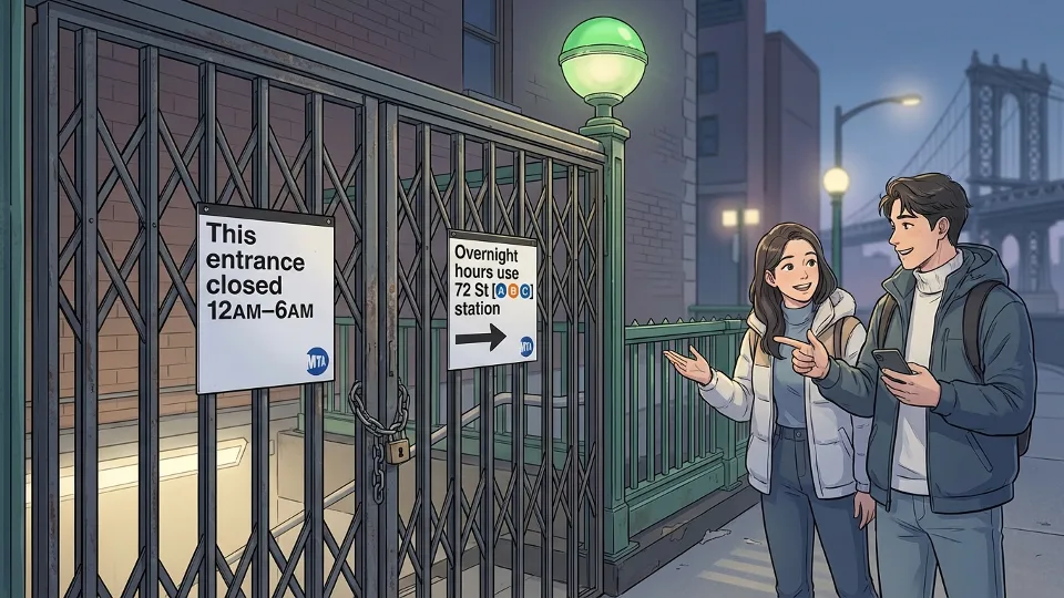 NYC subway entrance with closed gate and signage directing passengers to alternative stations during overnight hours