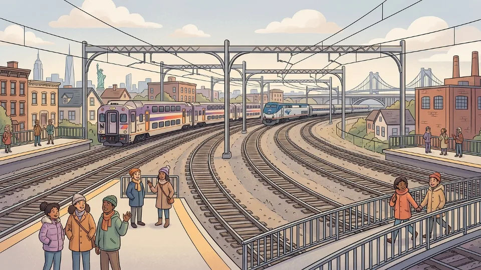 Northeast Corridor railway tracks with trains in distance showing busy commuter rail operations
