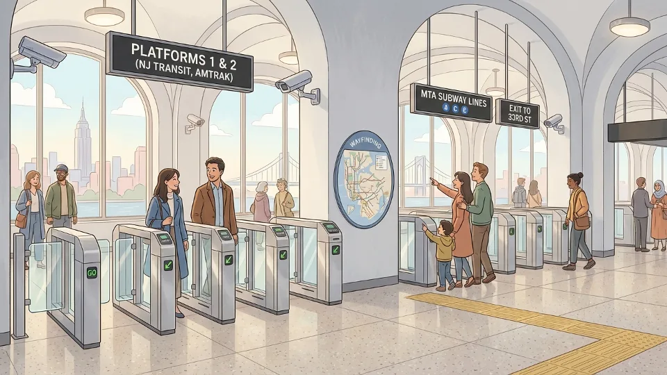 Modern transit station concourse with fare gates and directional signage during daytime operations
