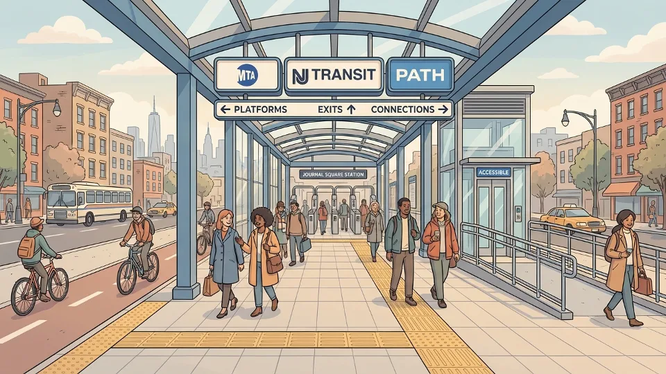 Pedestrian walkway entrance at urban transit station with wayfinding signs