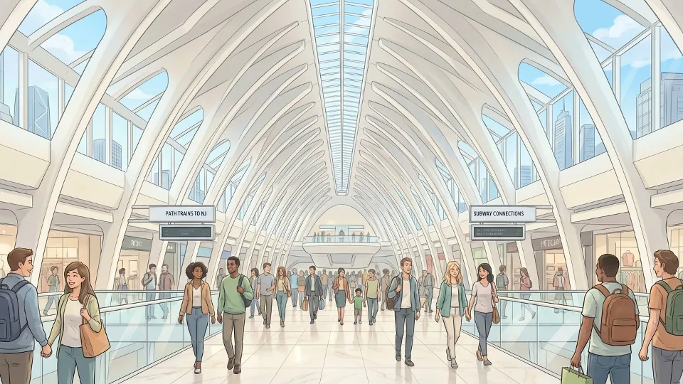 Interior view of WTC Oculus transit hub showing white ribbed architecture and passenger walkways
