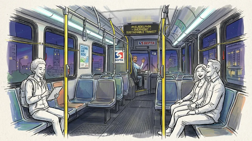 Philadelphia SEPTA bus interior showing empty seats during overnight hours