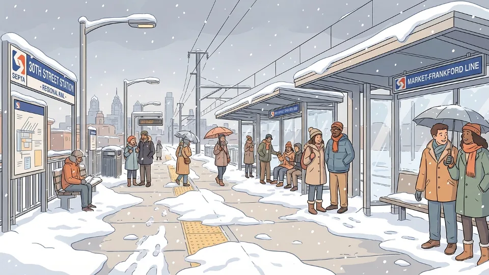 Snow-covered SEPTA station platform with waiting passengers in winter conditions