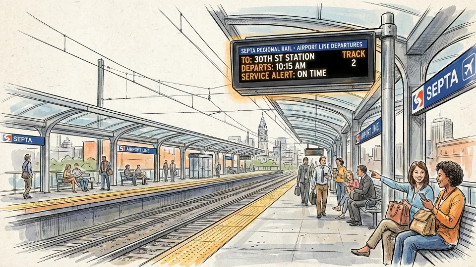 Philadelphia Airport Line platform with digital departure board showing train schedule and service alerts